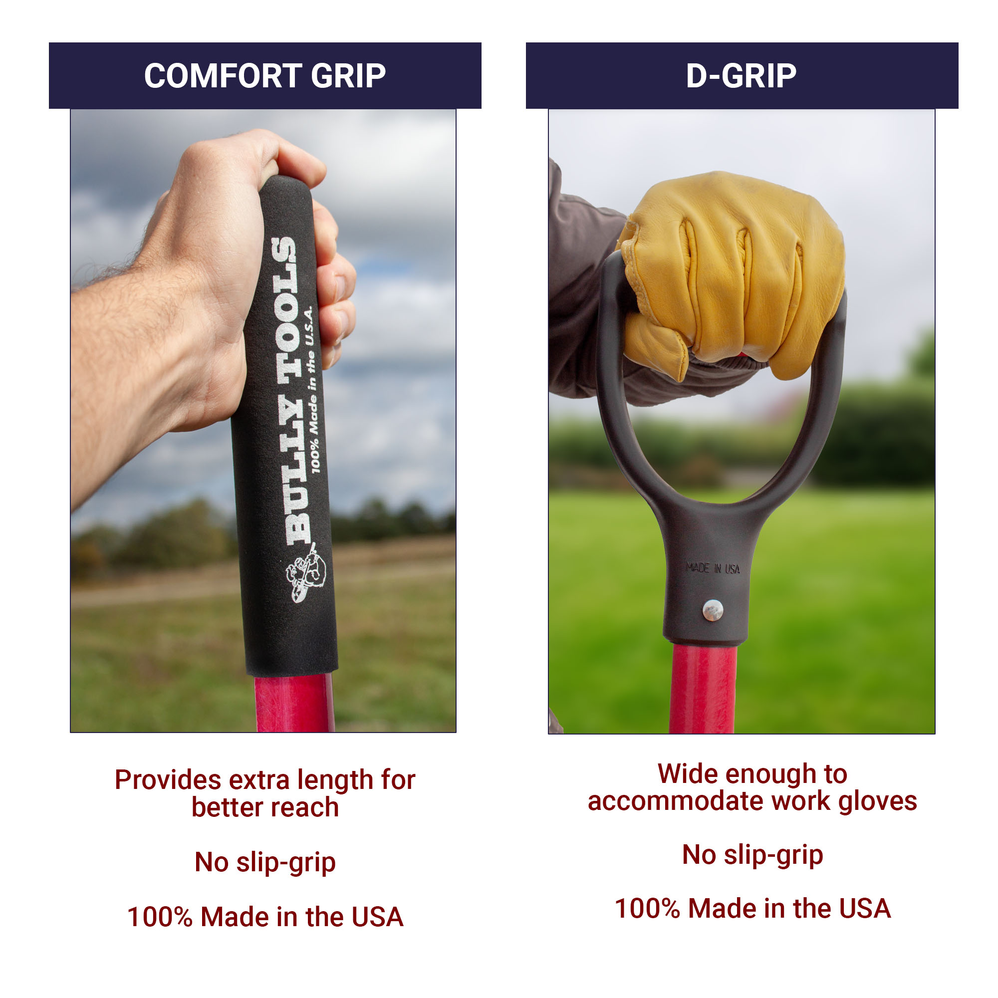 round-pt-grip-options Round Point Shovel - 100% Made in the USA Bully Tools