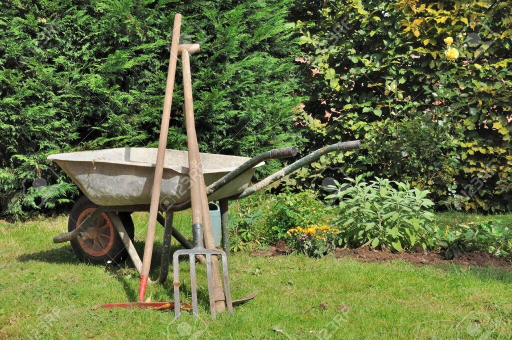 wheelbarrow and tools