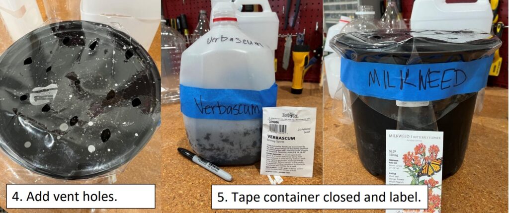 4. add vent holes, 5. tape container closed and label